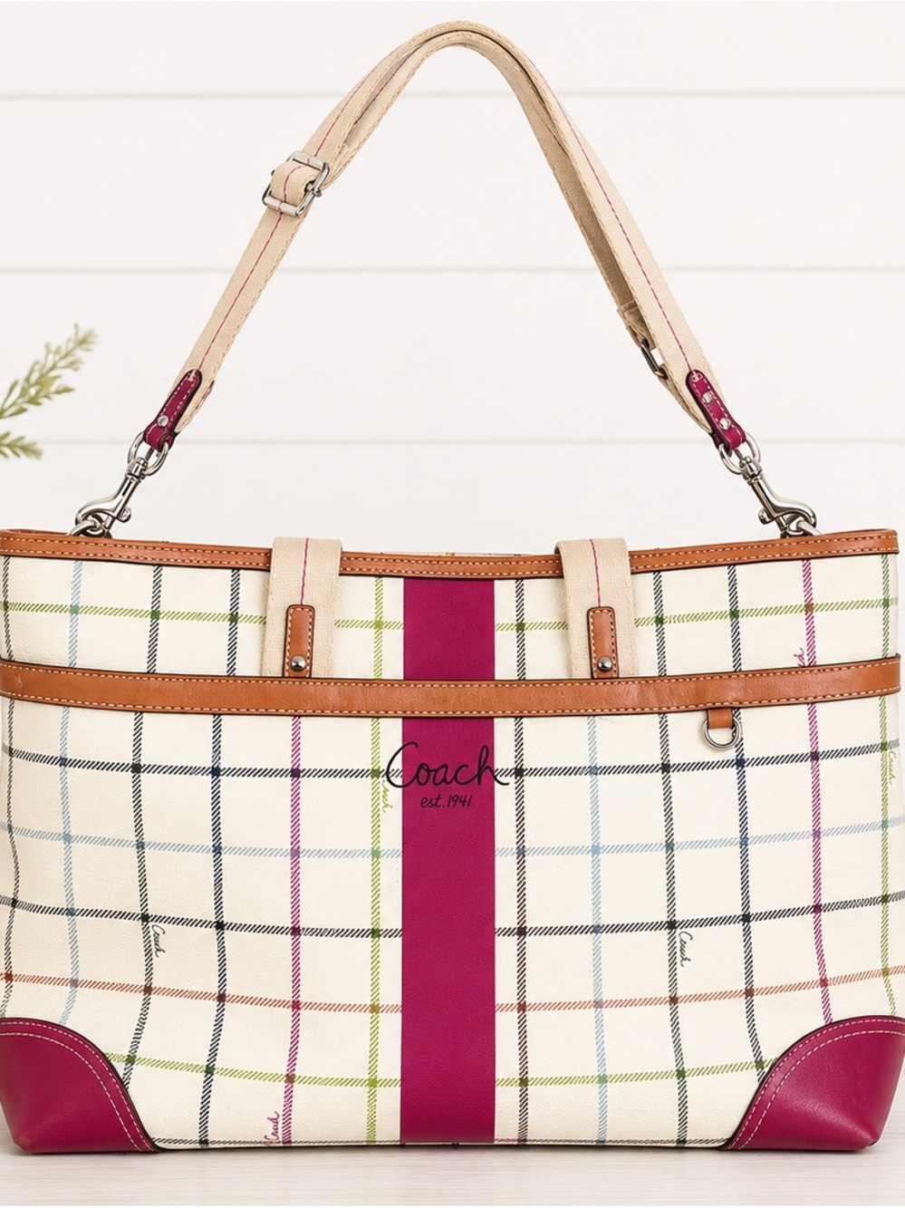 Coach Heritage Tattersall Cream Plaid Tote with Magenta Center Stripe